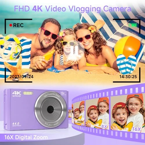 Digital Camera for Teens, FHD 4K 44MP with 64GB SD Card and 16X Digital Zoom, Compact Point and Shoot Camera in Purple, SMARTKLIK