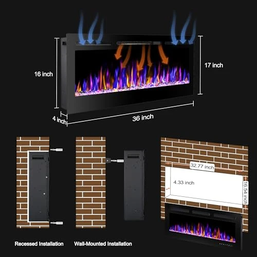 Electric Fireplace Wall Mounted and Recessed with Remote Control, BETELNUT
