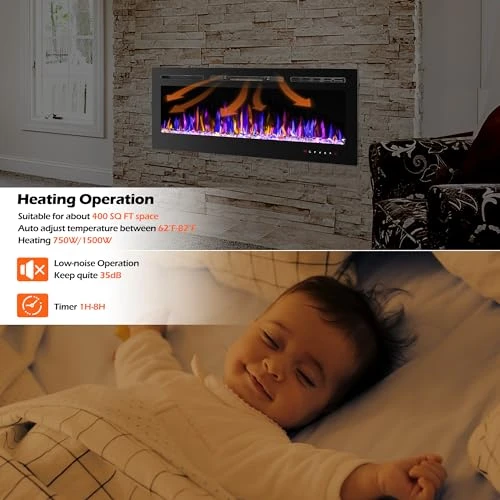 Electric Fireplace Wall Mounted and Recessed with Remote Control, BETELNUT