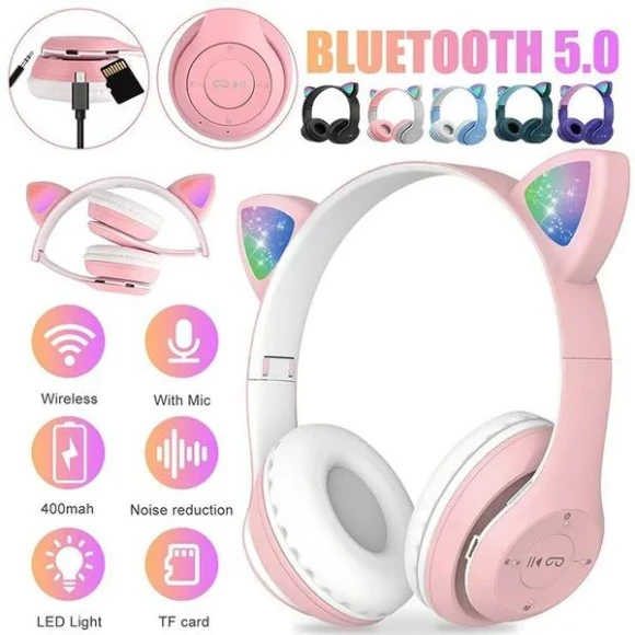Flashing LED Cute Cat Ears Wireless Headphones, Junmaocun