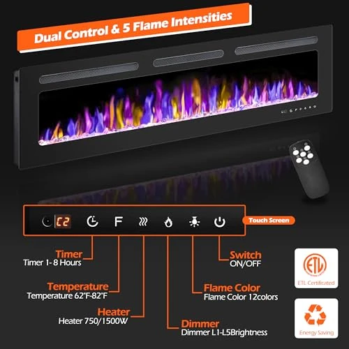Electric Fireplace Wall Mounted and Recessed with Remote Control, BETELNUT