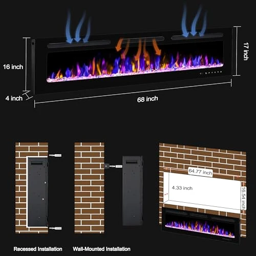 Electric Fireplace Wall Mounted and Recessed with Remote Control, BETELNUT