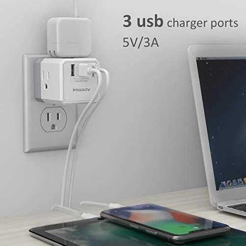 USB Wall Charger and Extender with 3-Way Splitter