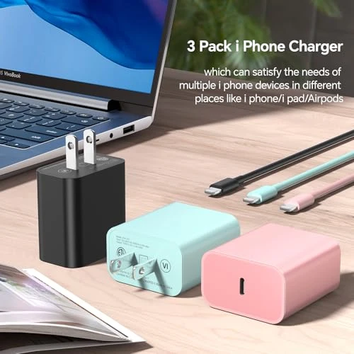 3-Pack 10-Foot Lightning Charging Cables with 20W Fast Chargers, BUSFUL