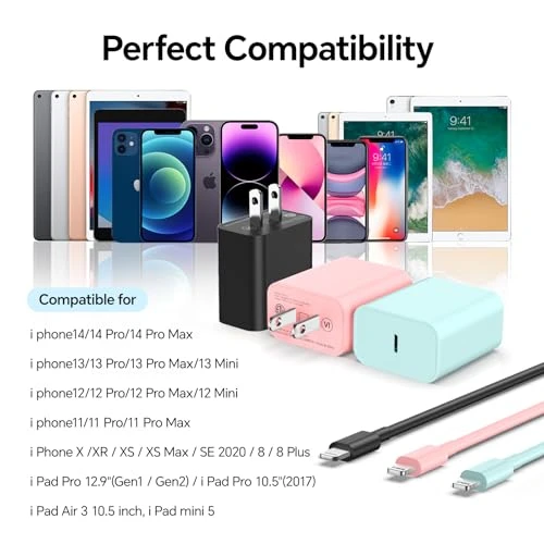 3-Pack 10-Foot Lightning Charging Cables with 20W Fast Chargers, BUSFUL