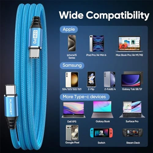 USB C to USB C Cable, 6FT 5-Pack, Aurnoet