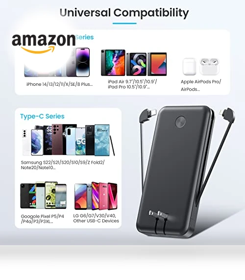 Portable Charger with Built-in Cables & AC Wall Plug — Chargers, AONIMI