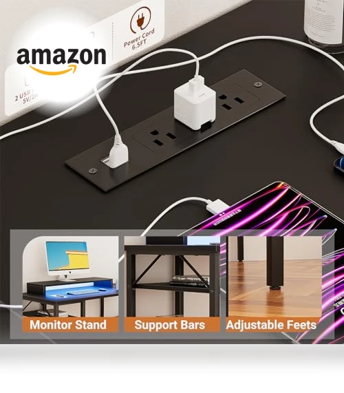 Reversible L Shaped Desk with Power Outlets and Smart LED Light — Workspace Solutions, Unikito