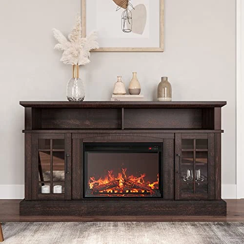 Traditional 58" Rustic TV Stand with Electric Fireplace Heater, BELLEZE