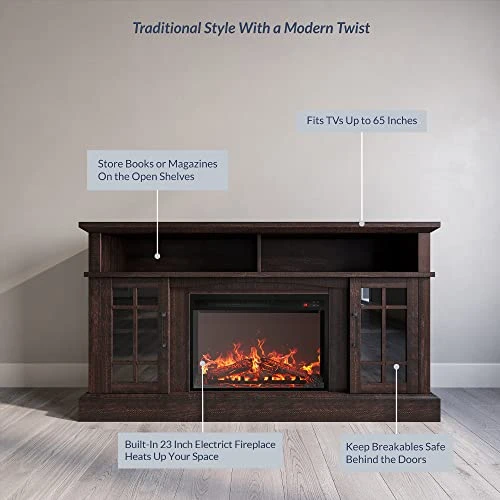 Traditional 58" Rustic TV Stand with Electric Fireplace Heater, BELLEZE