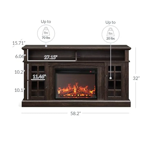 Traditional 58" Rustic TV Stand with Electric Fireplace Heater, BELLEZE