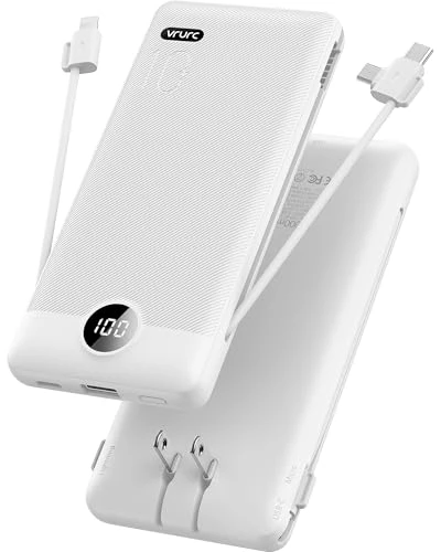 Portable Charger with Built-in Cables and AC Wall Plug — Power Bank, VRURC