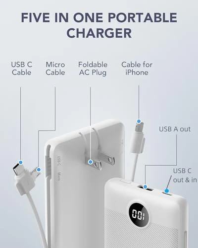 Portable Charger with Built-in Cables and AC Wall Plug — Power Bank, VRURC