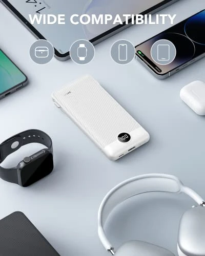 Portable Charger with Built-in Cables and AC Wall Plug — Power Bank, VRURC