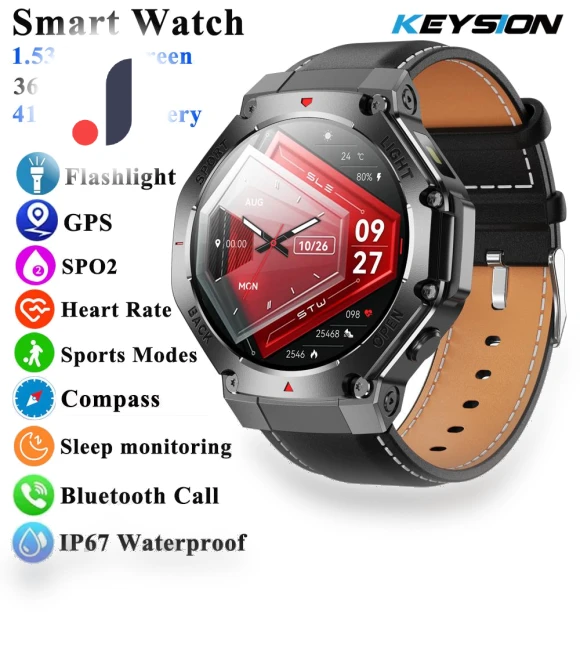 Outdoor Smart Watch with Flashlight, Compass, GPS Tracker, Health Monitor — Smartwatches, KEYSION