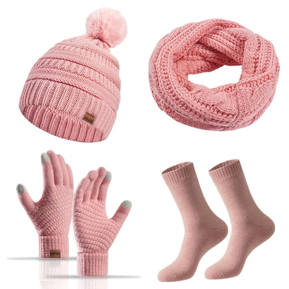 Warm Knitted Hat, Soft Touchscreen Gloves, Women's Hat, Scarf, Gloves, Socks Set, CDjiangqi