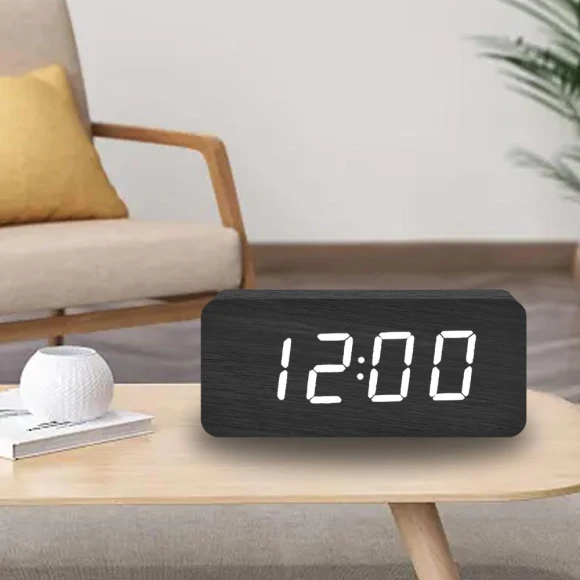 Wooden Digital Clock with LED Night Light
