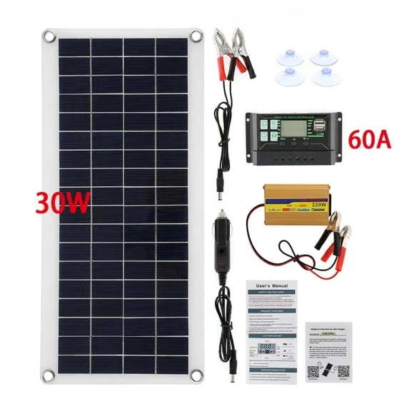 30W Solar Panel Power System with 1000W Inverter and USB Controller — Solar Charge Controller, Stone Home