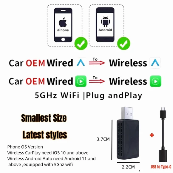 2-in-1 Wireless CarPlay Android Auto Adapter, Happy Home Mall