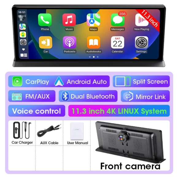 4K Wireless Carplay Android Auto AI Screen Dash Cam, Auto Accessories Home
