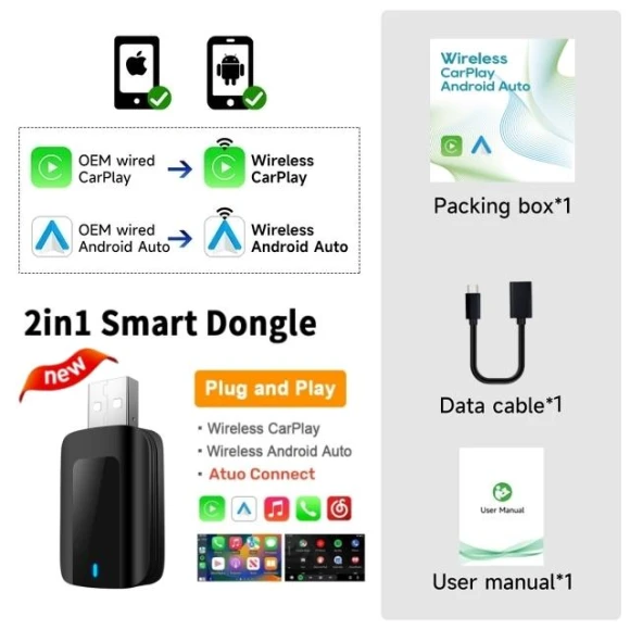 Wireless Carplay Android Auto 2-in-1 Smart Dongle, Auto Accessories Home