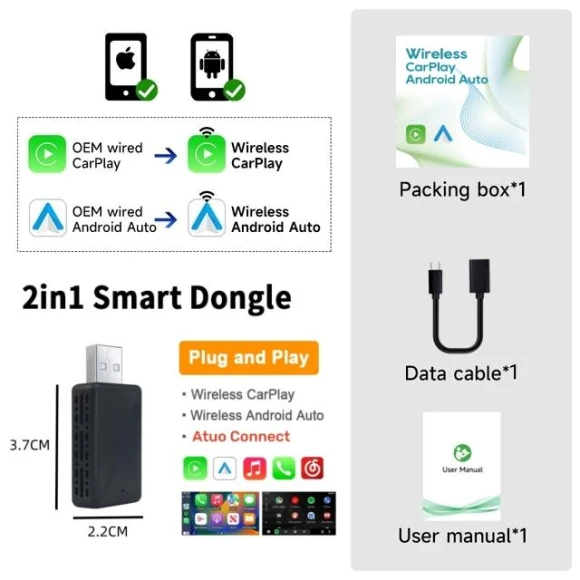 Wireless Adapter for Apple Carplay and Android Auto — Car Infotainment System, Auto Accessories Home