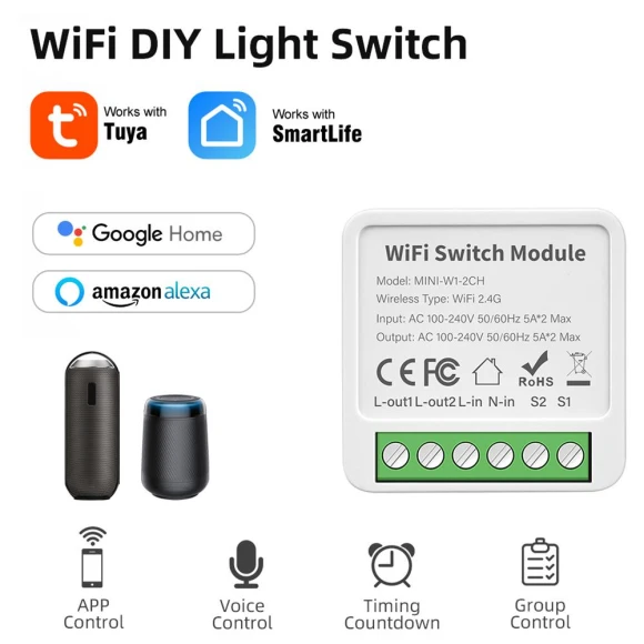Mini Tuya 2/3/4-channel WIFI Smart Switch DIY Module, AUBESS