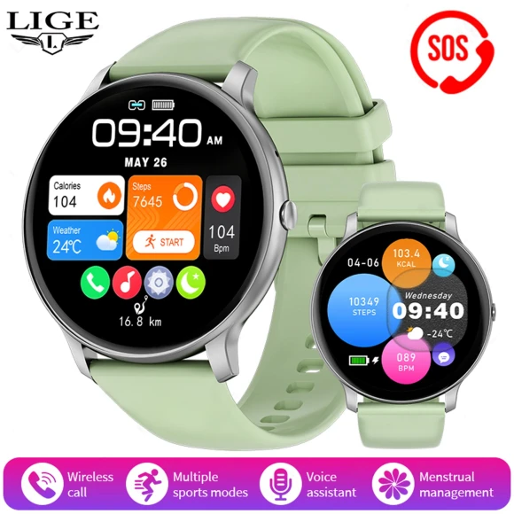 Smart Watch with Voice Assistant, Waterproof, Outdoor Sports Fitness Tracker, Silicone Strap, Green — Smart Watch, LIGE