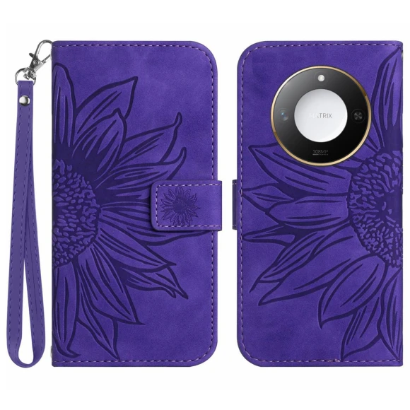 Sunflower Imprint Leather Wallet Phone Cover with Wrist Strap — Smartwatch Straps, Samrtwatch Bands Straps