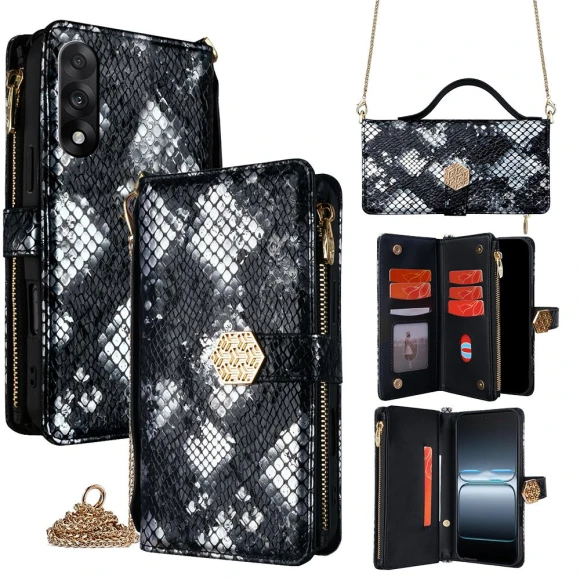 Snake Skin Texture PU Leather Wallet Phone Case with Shoulder Strap, Smartwatch 2025