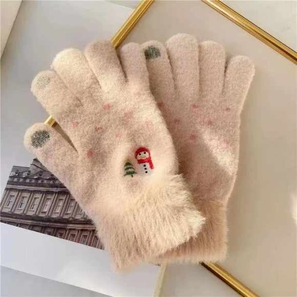 Mitten Snowman Cute Warm Fashionable Gloves with Five Fingers Touch Screen Folded Thickened Knitted Gloves Cold... — Heated Gloves, Female s