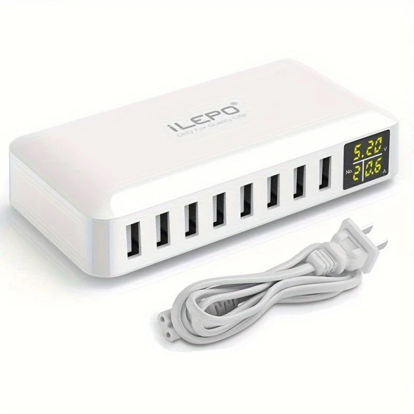 60W 8-Port USB Charging Hub with LED Display — Power Hubs, JadeBamboo Chargers Warehouse