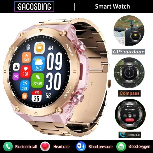 Smart Watch with GPS, Outdoor Compass, 1ATM Waterproof, 1.45 Inch AMOLED Display, Bluetooth 5.2, Voice Assistant — Smart Watch, SACOSDING