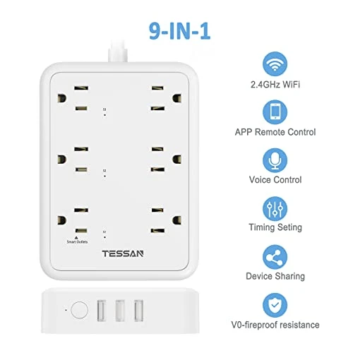 WiFi Flat Plug Strip with 3 Smart Outlets and 3 USB Ports — Smart Plug, TESSAN