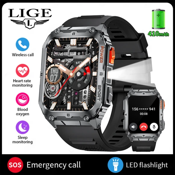 LED Flashlight Smart Watch for Men with Bluetooth Calling and Health Monitoring — Smart Watch, LIGE
