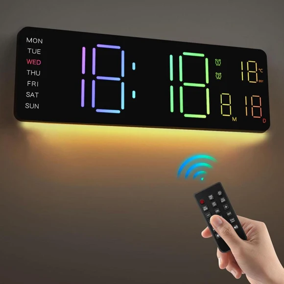 Digital LED Wall Clock with Remote Control, Calendar, Colorful Night Light, and Temperature Display, OFFICE-MALL