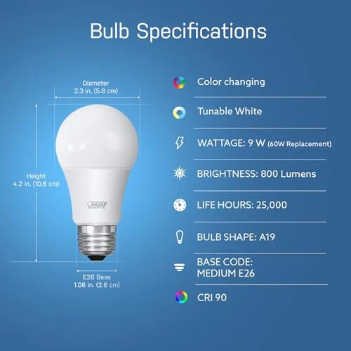 Smart LED Light Bulb, 60W Equivalent, Dimmable, RGBW Color Changing, Wi-Fi Enabled, 6-Pack — Smart Light Bulb, Feit Electric