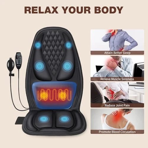 Back Massager with Heat, Massage Seat Cushion with 3D Lumbar Support, 8 Vibrating Motors Massager Chair Pad for Full... — Massage Chairs, Comrelax