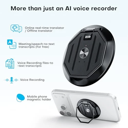 Voice Recorder with AI Transcription, Translation, and Phone Stand — Translator Device, Papanoo