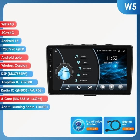 9-inch AI Smart Player with Android, CarPlay, GPS, 4G, Wi-Fi — Car Infotainment System, OSSURET