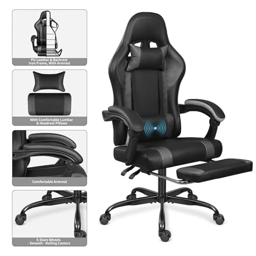 Gaming Chair with Footrest and Massage Lumbar Support — Gaming Chairs, ErgoDesign