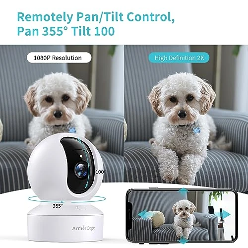 Pet Camera with 2K HD, 360° Pan/Tilt View, Night Vision, Motion Tracking, and Two-Way Audio — Security Camera, Armorcope