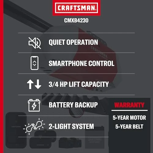 Ultra-Quiet Smart Belt Drive Garage Door Opener with Wi-Fi and Battery Backup, Craftsman