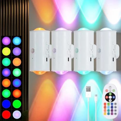 Wireless Wall Sconce with Remote, Motion Sensor, 16 Colors Changing, Dimmable, Rechargeable Battery, 4-Pack, Hirzsjoy
