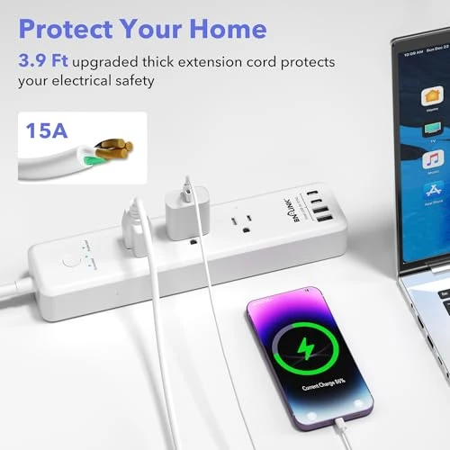 Remote Control Power Strip with 3 Independent Outlets, 4 USBs, Extension Cord, Overload Protection, Wall Mount — Smart Plug, BN-LINK