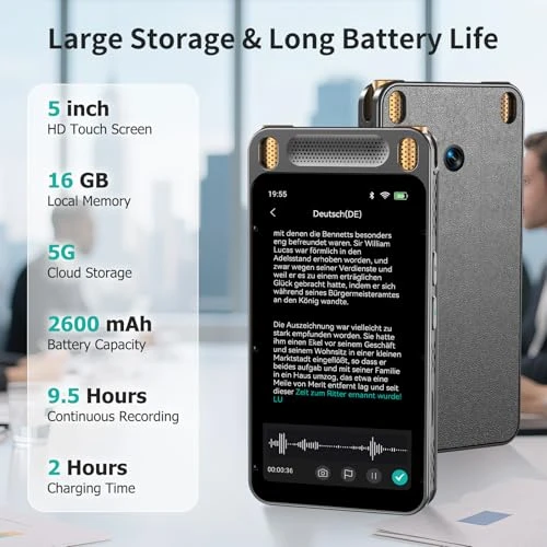 Voice Recorder with Unlimited Transcription, Summary, Translation, and AI Assistant — Translator Device, Fivegren