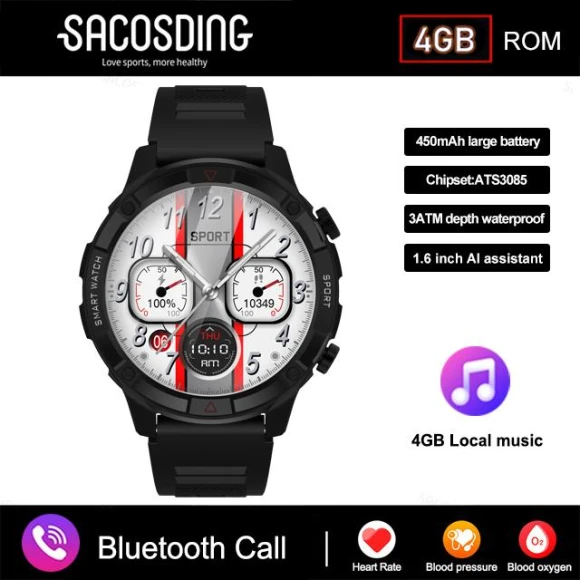 Men's Smartwatch with AMOLED Display, Bluetooth Calling, 4GB Memory — Smart Watch, Tiktop2