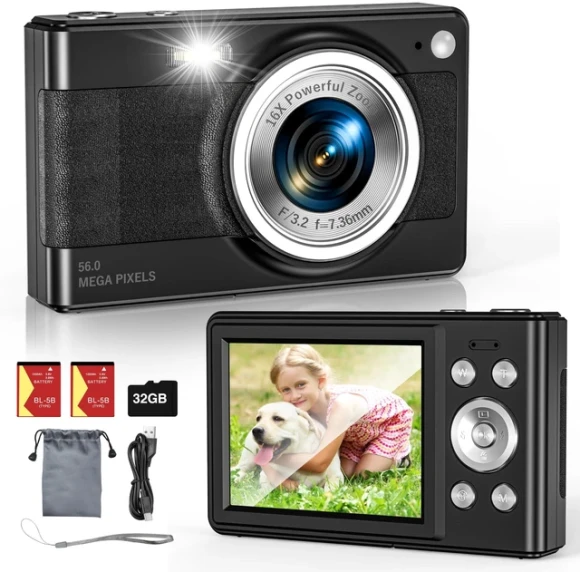 56MP FHD 1080P Digital Camera for Kids with 16x Zoom Anti Shake, Fleafer