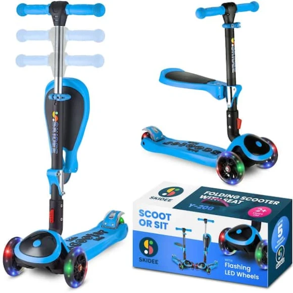 Adjustable Height Foldable Scooter with Removable Seat and LED Light Wheels — Electric Scooter, SKIDEE