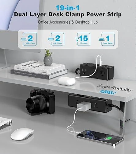 Dual Layer Desk Clamp Power Strip, VILONG